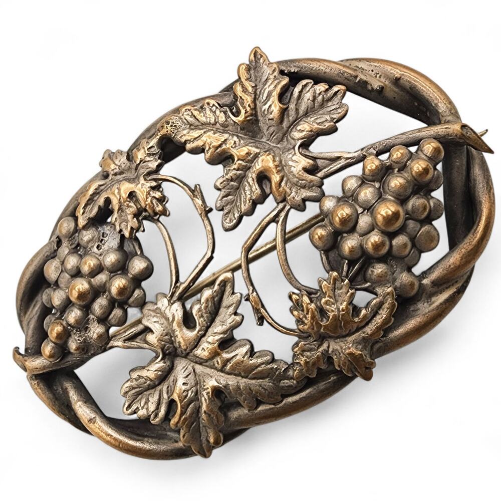 Antique Victorian C Clasp Brass Repoussé Grapevine Brooch Grape Leaf Rich Patina